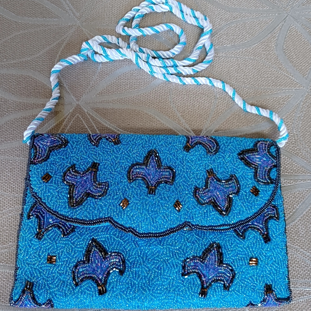 Aqua Fleur-de-lis Glass Beaded Bag
